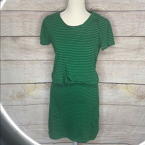 Socialite Midi Green Navy Striped Cotton Dress - Picture 1 of 8